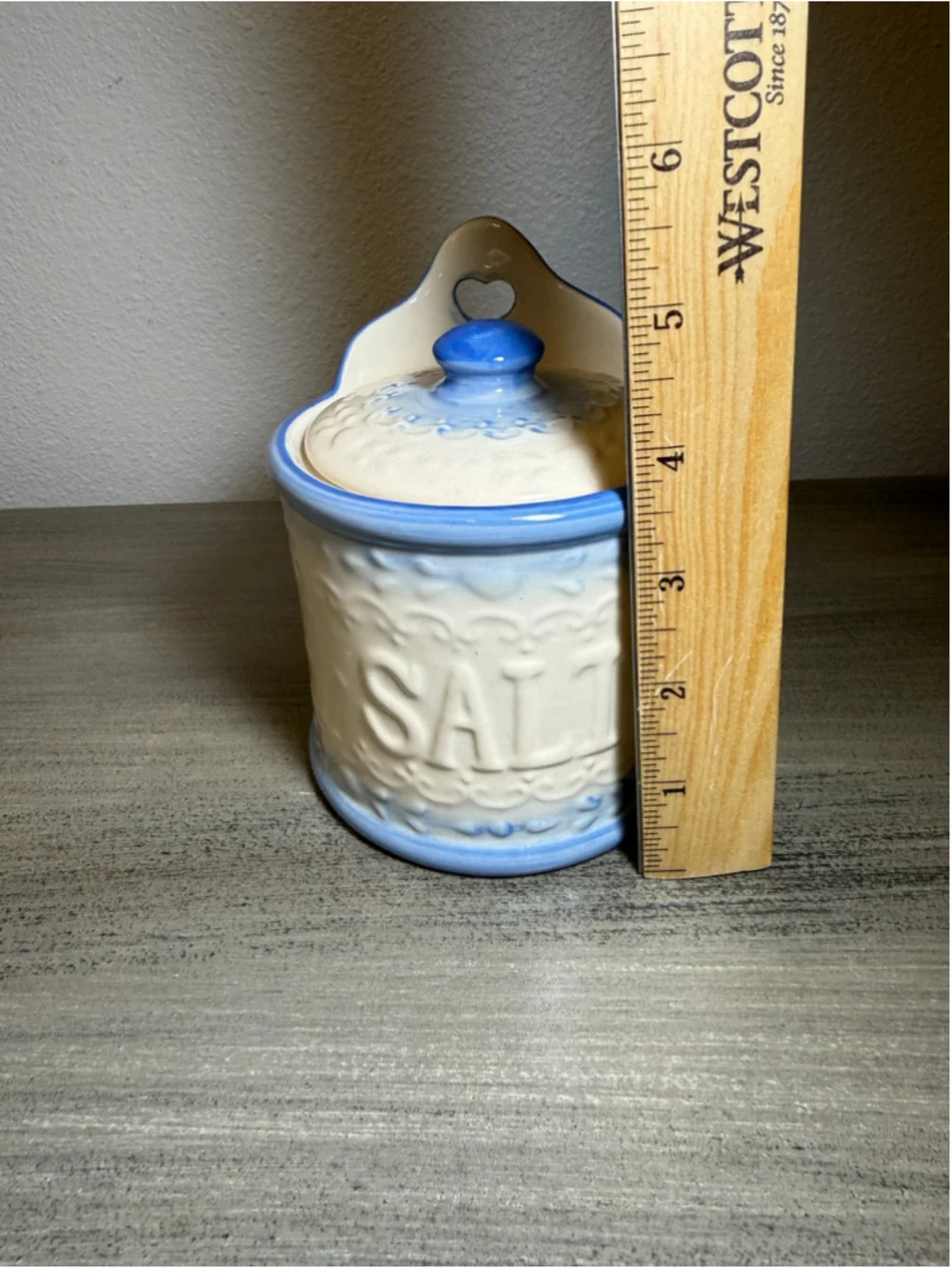 Vintage Blue & White Stoneware Hanging Salt Box Crock with Lid
